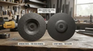Thick grinding wheel compared next to a thin cutoff wheel to show differences in angle grinder disc types.
