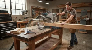 Heavy duty 12 inch sliding compound miter saw cutting thick lumber in a workshop