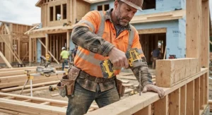 Professional contractor holding a powerful cordless impact driver on a construction site.