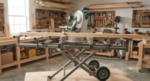 Sliding miter saw mounted on a heavy-duty folding stand with material support arms