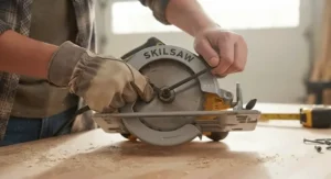Hands using an Allen wrench to loosen the arbor bolt and change the blade on a circular saw.