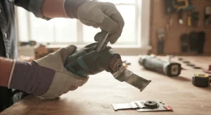Hand operating the quick-change lever on an oscillating multi-tool to swap out a metal cutting blade.