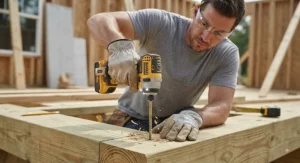 A construction worker using an impact driver to quickly fasten long wood screws during a home DIY project