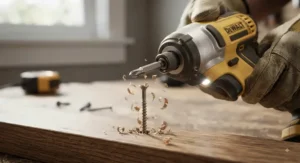 Close up of an impact driver being used with a hex shank drill bit for driving screws into wood