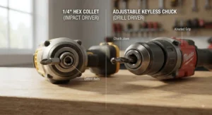 Close-up comparison showing the hex collet on an impact driver versus the adjustable keyless chuck on a drill driver.