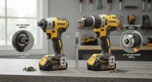 Visual comparison showing the difference in size and chuck design between an impact driver and a standard drill.
