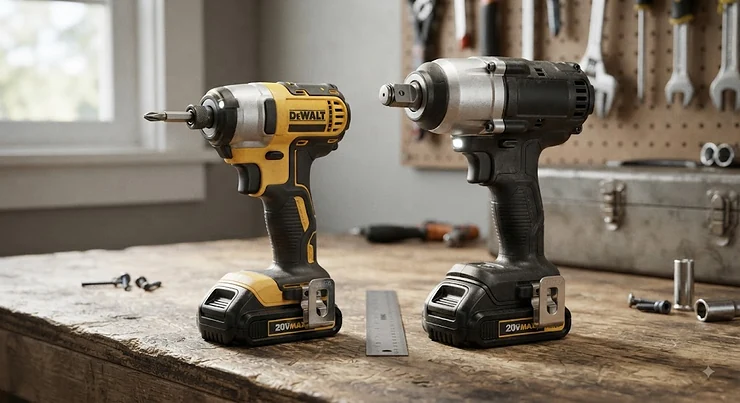 An impact driver and an impact wrench sitting side by side on a workbench for size and feature comparison impact driver vs impact wrench