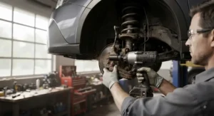 A mechanic using a powerful cordless impact wrench to remove bolts from an automotive suspension assembly