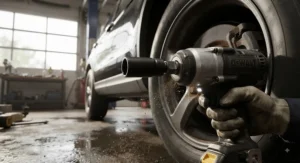 Close up of a heavy duty impact wrench using a socket to loosen a lug nut on a vehicle tire