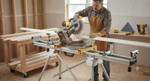 Professional miter saw stand with adjustable material extensions supporting long boards during trim installation.
