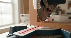 Close-up of a laser guide line illuminating an accurate cut on a piece of hardwood casing.