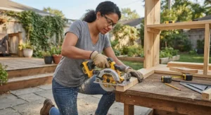 A homeowner using a lightweight cordless circular saw for a backyard DIY shelving project.