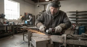 A fabricator using a cordless angle grinder to smooth out rough metal welds in a workshop.