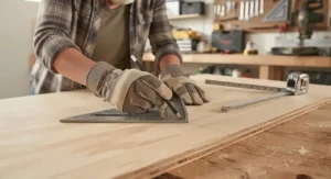 A DIYer using a speed square and pencil to draw a straight cutting line across a plywood board.