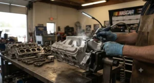 An auto mechanic using a die grinder to clean up and port an engine intake manifold.