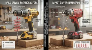 Diagram explaining the rotational force of a drill driver versus the hammering action of an impact driver.