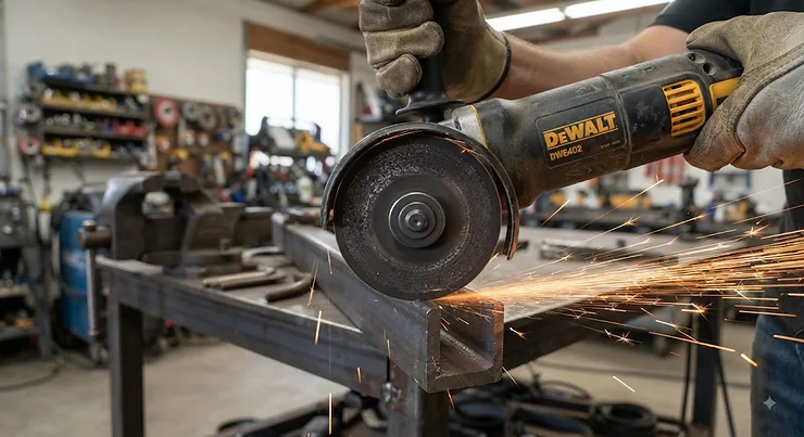 Thin abrasive metal cutting disc attached to a heavy-duty angle grinder for slicing through steel stock. angle grinder disc types explained