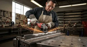 A metalworker wearing safety glasses while using a large angle grinder to smooth a steel weld.