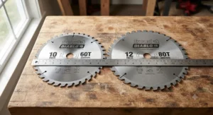 Top down view comparing 10 inch and 12 inch miter saw blades side by side