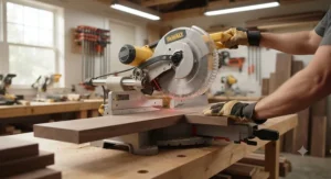 Built-in laser guide on the best miter saw illuminating the cut line on a wooden plank.