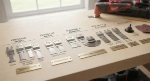 Flat lay showing various oscillating multi-tool blade types including precision wood, flush cut, and scraping attachments.