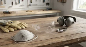 Safety gear essentials for beginners using an oscillating tool, including eye and ear protection.
