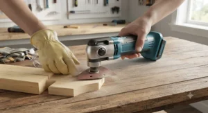 A beginner using an oscillating tool with a sanding attachment on a piece of wood.