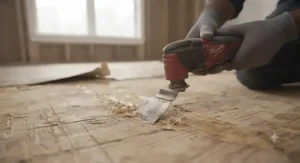 Rigid steel oscillating tool scraping blade removing old vinyl flooring adhesive from a subfloor.