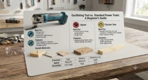 Comparison chart helping beginners understand when to use an oscillating tool versus other power tools.