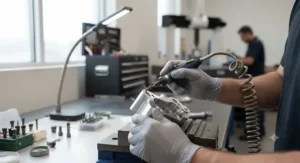 A technician using a compact pneumatic die grinder for precision metal deburring and polishing.