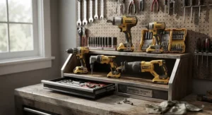 A collection of cordless power tools including both an impact driver and an impact wrench organized on a tool wall