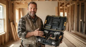 A contractor holding a power tool kit containing both an impact driver and a drill driver for versatile use.