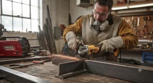 Professional fabricator using the best angle grinder to grind down and smooth a steel weld seam.