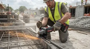 A contractor using a heavy-duty cordless angle grinder to cut through steel rebar on a construction site.