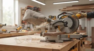 Safety glasses and dust collection bag attached to a miter saw during a woodworking session.