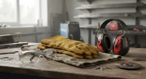 Essential safety equipment including safety glasses, hearing protection, and leather gloves for operating an angle grinder.