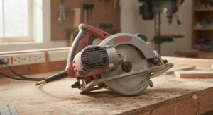 A standard sidewinder circular saw featuring a direct-drive motor positioned on the side of the blade for a compact and lightweight build.