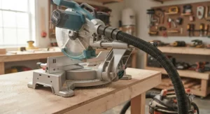 Illustration of a sliding miter saw with an integrated dust collection port and vacuum hose