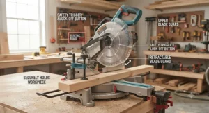 Diagram showing essential safety features including a blade guard and material clamp on a sliding miter saw