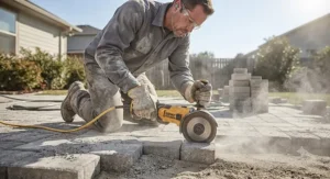 A powerful angle grinder cutting through concrete patio pavers outdoors on a residential job site.