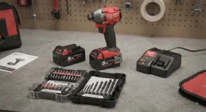 Complete kit showcasing the best impact driver alongside its lithium-ion battery, charger, and bit set.