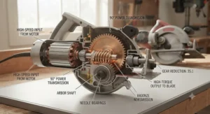 Detailed diagram illustrating the high-torque gear reduction mechanism inside a worm drive circular saw transmission.