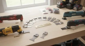 Universal-fit oscillating tool blades compatible with major brands like Milwaukee, DeWalt, and Makita.