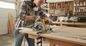 A circular saw guided by a metal straight edge clamp to make a precise cut on a sheet of MDF.
