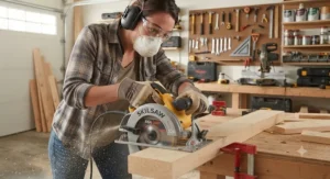 A person wearing safety glasses, ear protection, and a dust mask while operating a circular saw.