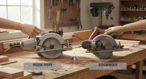 An ergonomic comparison showing the extended reach and balance point of a heavy worm drive versus a lightweight sidewinder saw.