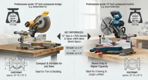 Infographic showing weight and footprint differences for 10 inch versus 12 inch miter saws