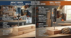 Infographic showing common DIY tasks like driving heavy screws with an impact driver and drilling precision holes with a drill driver.