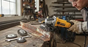 Twotted wire cup brush and wire wheel attachments used on an angle grinder for stripping rust and paint.