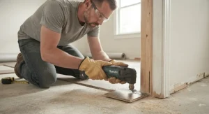 DIY enthusiast using an oscillating multi-tool to undercut a door jamb for new flooring installation.